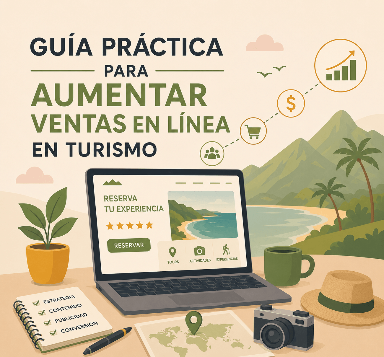 Guía práctica para aumentar las ventas en línea en turismo: laptop con un sitio de reservas y checklist de estrategia, contenido, publicidad y conversión.
