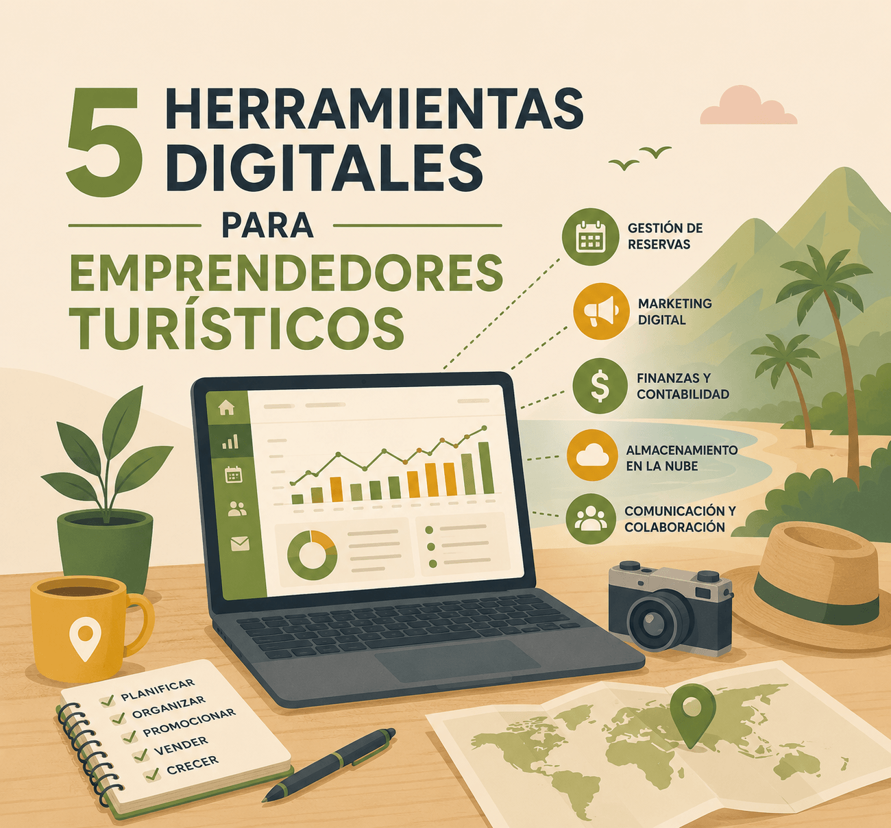 5 herramientas digitales para emprendedores turísticos: laptop con panel de métricas e íconos de gestión de reservas, marketing, finanzas, nube y comunicación.